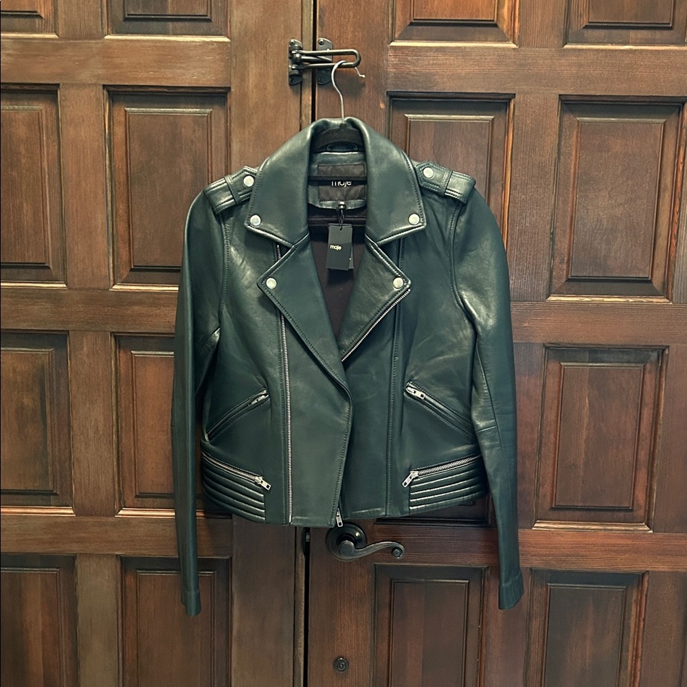 Maje Dark Emerald Green Leather Biker-Style Jacket